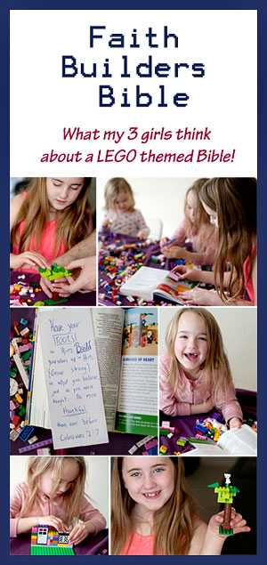 Faith Builders Bible Review- What an all girl family thought about a Children's Bible that incorporates Legos! | Running With Spears #HSReview #FaithBuilding #Bible #NIrV
