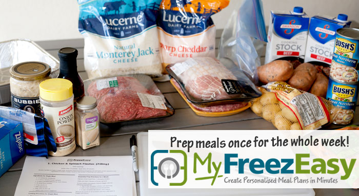 Spend just one hour once a week to prep your entire week of food! Plus ready-to-go shopping lists! | Freezer meal plan from MyFreezEasy | Review by Running With Spears #freezermeals #freezercooking